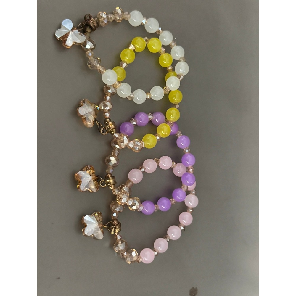 Pastel Beaded Stretch Bracelet Set 4pc Butterfly Charm Yellow Purple Pink White